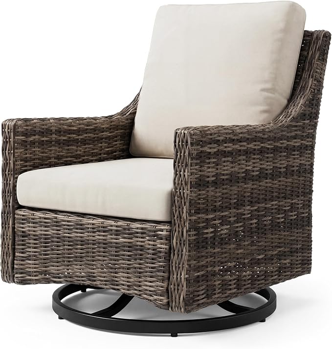 Outdoor Swivel Rocker Patio Chair with Premium Cushion, High Back Wicker Patio Swing Glider for Deck, Porch, Patio and Poolside (Beige, 2 Pcs - Swivel Glider)