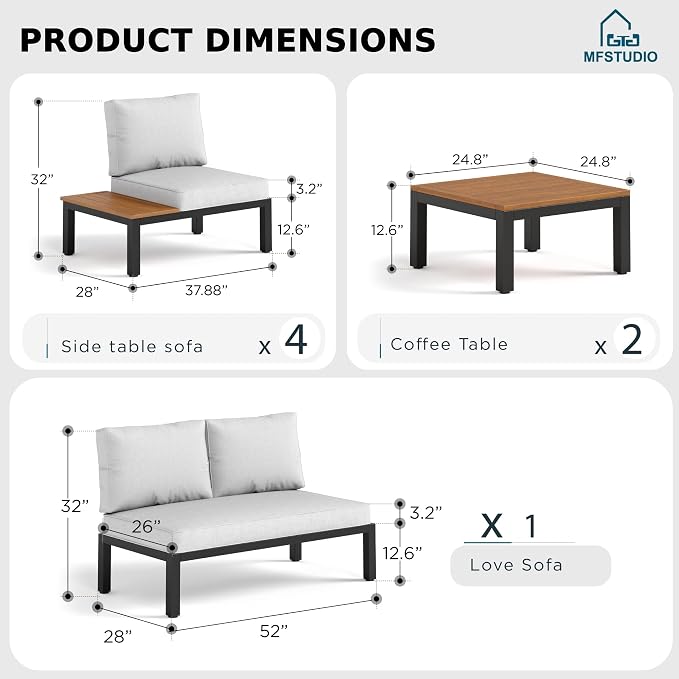 MFSTUDIO 7 Pieces Patio Furniture Set,Outdoor Metal Frame Patio Sectional Sofa Conversation Set with 2 Coffee Tables&Removable Cushion for Backyard,Garden,Poolside