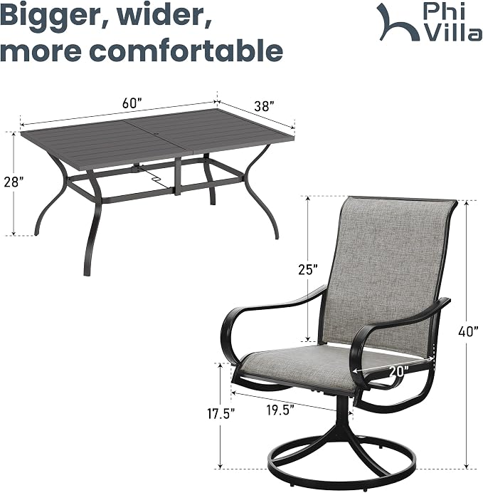 PHI VILLA Outdoor Dining Set for 6, Swivel Mesh Chairs & Metal Table, Brown | 60'' metal rectangular table with umbrella hole and 6 breathable textilene patio chairs, designed for deck, backyard, garden