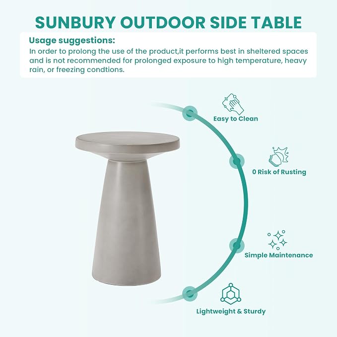 SUNBURY Outdoor Side Table Large, 22" H Concrete End Table w Conical Pedestal, Lightweight Round Accent Table, Decorative Modern Coffee Table, Garden Planter Stand for Patio, Porch, Living Room, Grey