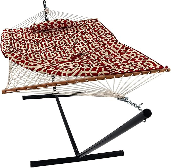 Sunnydaze Rope Double Hammock with Stand for Outside - Heavy Duty Freestanding Portable Outdoor Hammock Set with Quilted Pad, Pillow, and 12-Foot Steel Frame - 450 lb Capacity - Royal Red