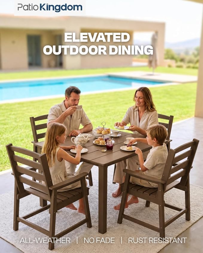 HDPE Outdoor Dining Set for 4, Square Table and Chairs, Brown | All-Weather HDPE, Wood Grain Finish, 42.5" Square Table, Built-In Umbrella Hole, Seats 4, Patio & Poolside Ready