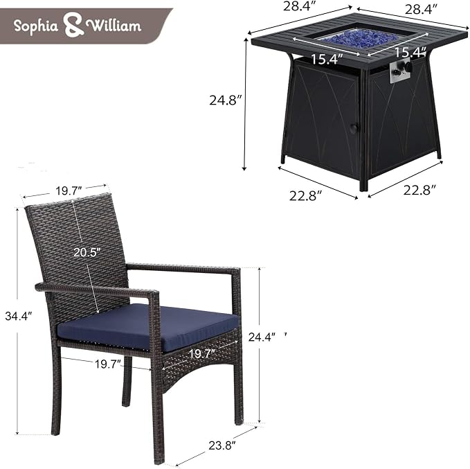 Sophia & William Outdoor 5 Pieces Dining Set with 1 Square Gas Fire Pit Table and 4 PE Rattan Chairs, Modern 2 in 1 50000 BTU Patio Propane Firepits Table Auto-ignition Black 28.4"L x 28.4"Wx 24.8"H