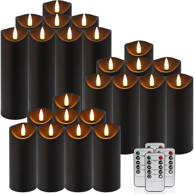 YOROXRG 24 Pack Halloween Decoration Flickering Flameless Candles, Battery Operated LED Pillar Candles with Remote Control and Timer.for Home Decor (D2.2 xH 5" 6" 7" Black)