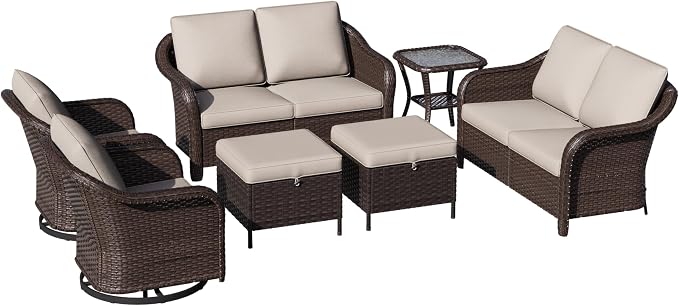7 Piece Patio Wicker Conversation Set, 2 All-Weather Use Outdoor Wicker Loveseat with 2 PE Rattan Ottomans,2 Swivel Chair, 1 Side Table, Ideal for Porch, Backyard, Balcony, Poolside, Beige