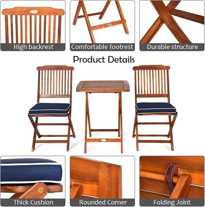 3PCS Patio Folding Wooden Bistro Set Cushioned Chair Conversation Table Seat Cushion