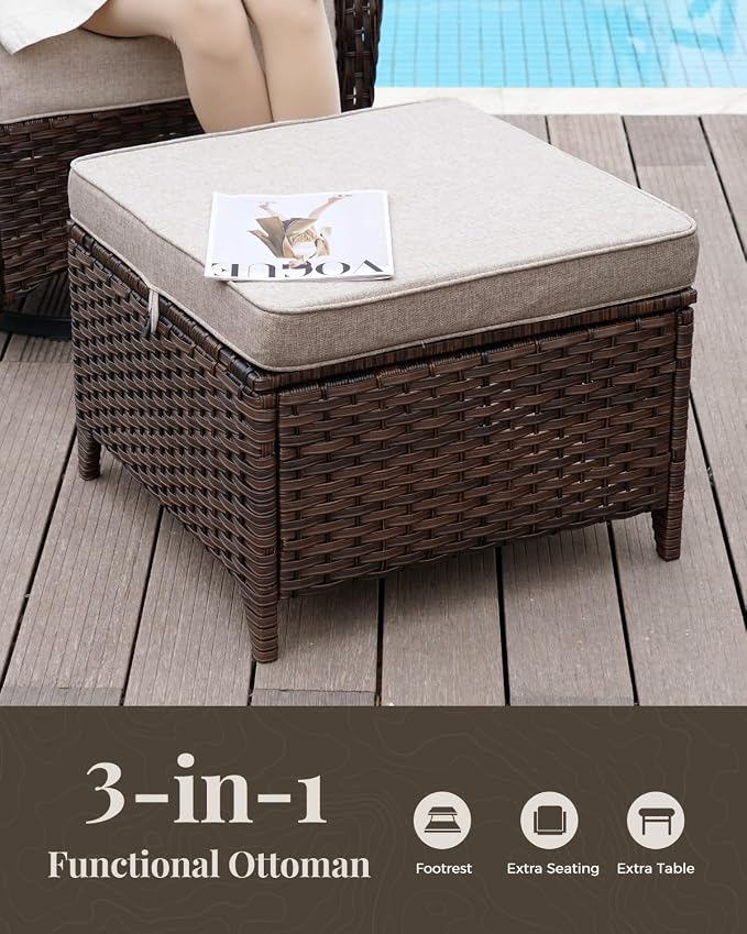 Luxury Patio Furniture Set with 6" Thick Cushions, High Back Outdoor Rocking Chairs and Ottomans, 5 Pieces All Weather Conversation Set for Porch Deck Poolside Yard (Beige)