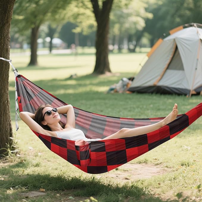 Camping Hammock Outdoor Hammocks for Outside Red Black Check Beach Trees Portable Lightweight with Pockets Tree Straps Indoor Small