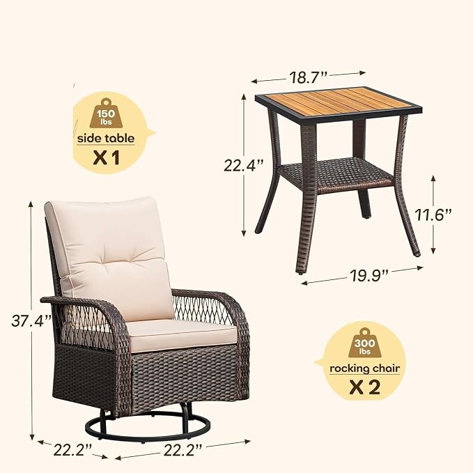 3 Pieces Patio Conversation Set Brown Outdoor Wicker Swivel Rocking Chairs Set Patio Furniture Set with Coffee Table for Porch Balcony Deck Garden