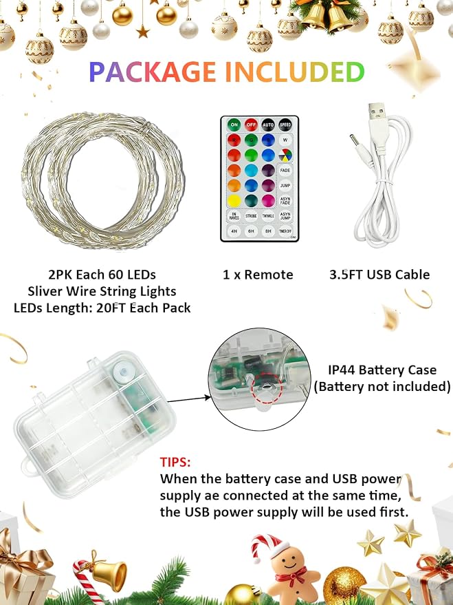 2 Pack 60 LED RGB Color Changing Fairy Lights Battery Operated with Remote | 20FT Christmas Twinkle String Lights with Timer 8 Modes 18 Colors, USB & Battery Powered, Waterproof Outdoor Halloween Decor