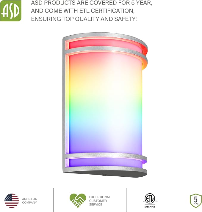 ASD 10 Inch Smart RGBW LED Outdoor Sconce Lights - 15W 120-277V 2700K-6500K Nickel Exterior Lighting Fixtures, Dimmable Exterior Lights for House, Remote Control Alexa Patio Wall Light Fixture ETL