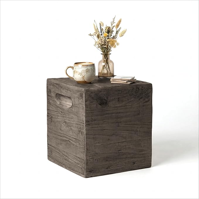 HOMPUS Outdoor Side Table w Groove Handle, Patio MgO Concrete Natural End Table, Square Accent Small Coffee Table for Garden, Patio, Porch and Deck, Antique Black