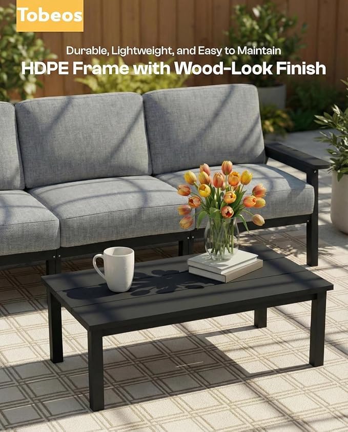 HDPE Patio Furniture Set 10 Seats, Outdoor Couch with Washable Thick Gray Cushions & Coffe Table & Side Table, Outdoor Sectional Furniture for Backyard, Deck, Lawn, Porch (Black Frame)