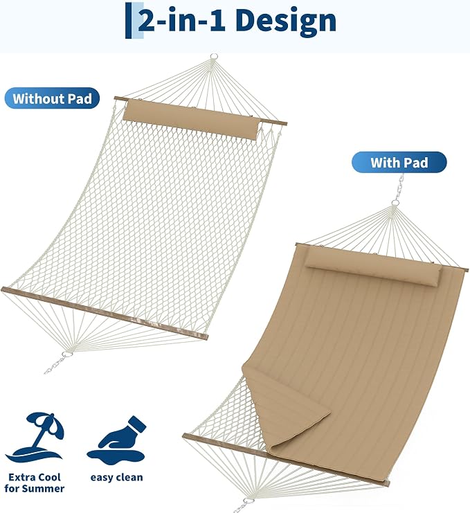 2 Person Hammock with Stand - Cotton Rope & Padded Polyester - Adjustable Steel Frame - 2-in-1 Outdoor Comfort for Patio, Backyard, Garden, Beach - Tan