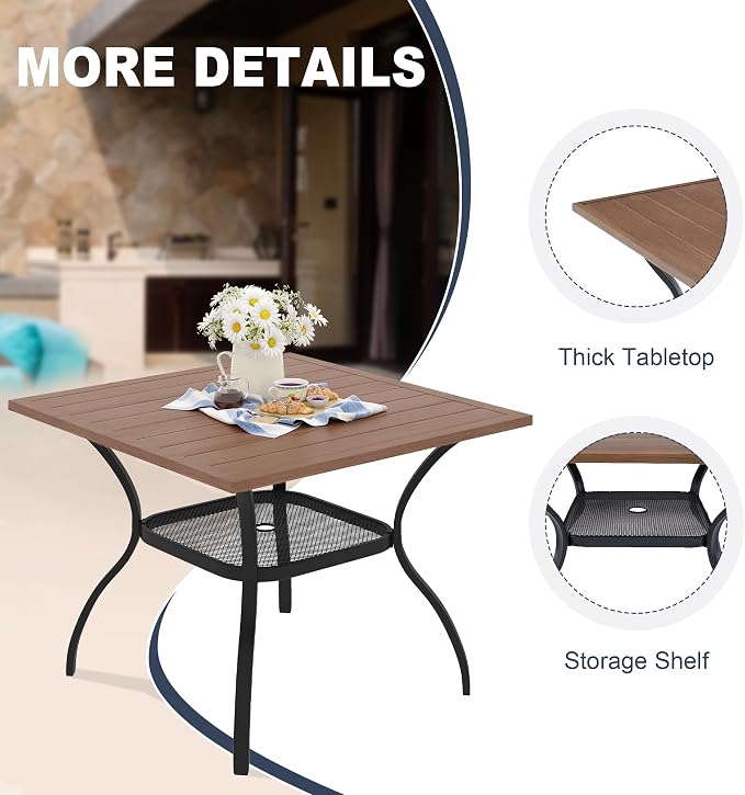 VICLLAX Patio 5 Pieces Outdoor Dining Set for 4, 38" Square Metal Dining Table with Umbrella Hole and 4 Swivel Textilene Chairs for Lawn,Garden,Porch,Walnut/Brown