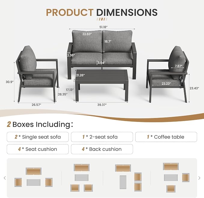 Aluminum Outdoor Patio Furniture Sets All-Weather Patio Conversation Set Sectional Sofa with Coffee Table & Cushions w/Removable Covers for for Deck Backyard Garden Poolside Balcony Porch