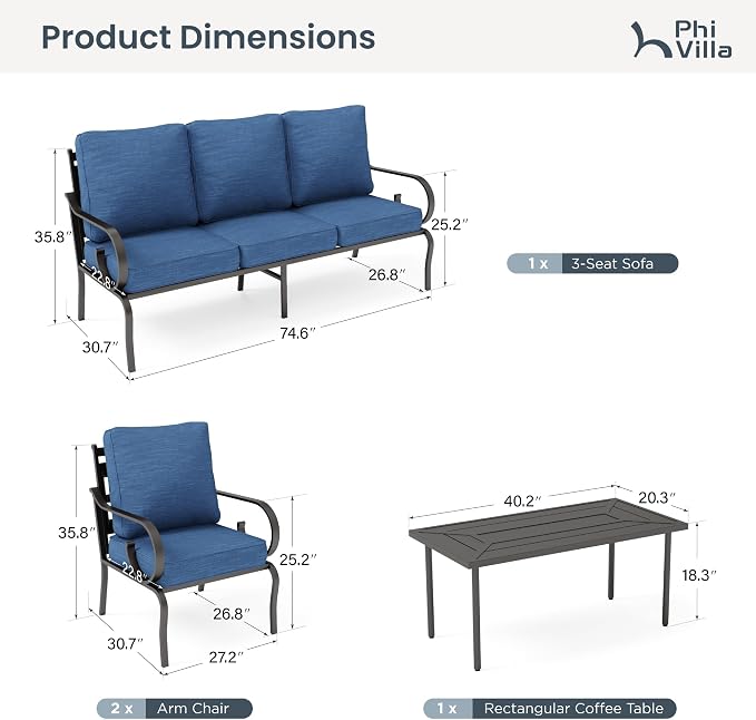 PHI VILLA Patio Furniture Set, 3-Seater Sofa, 2 Fixed Chairs and a Coffee Table, Outdoor Metal Conversation Set with 5.75" Extra Thick Cushion for Garden Backyard Deck, Navy