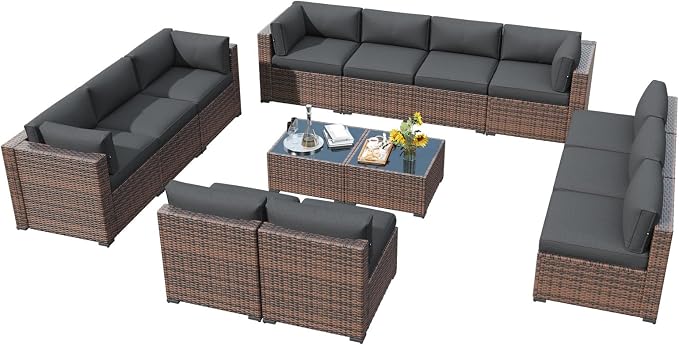LazySunsets 14 Piece Outdoor Patio Furniture Set with Coffee Table, Outdoor Patio Furniture Sets with 4'' Thicken Cushion, Wicker Outdoor Conversation Set for Backyard & Garden, Grey