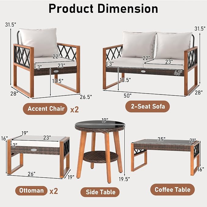 Tangkula 7 Pieces Patio Furniture Conversation Set, Wicker Acacia Wood Outdoor Cushioned Chairs Set with Ottomans, and 2 Tables, for Garden, Deck and Backyard