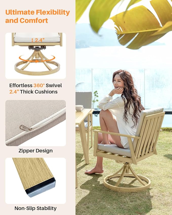 7 Pieces Outdoor Dining Set, Never-Rust Aluminum Patio Swivel Dining Set with Umbrella Hole, 360° Rotation Outdoor Patio Furniture Set, 6 Swivel Chairs and Table for Decks, Pool, Maple Wood