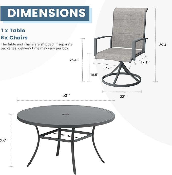 DIFY 7 Piece Outdoor Patio Dining Set for 6, 53" Round Metal Dining Table and Swivel Patio Chairs with Padded Textilene, All-Weather Outdoor Furniture Set for Garden Backyard Porch, Grey
