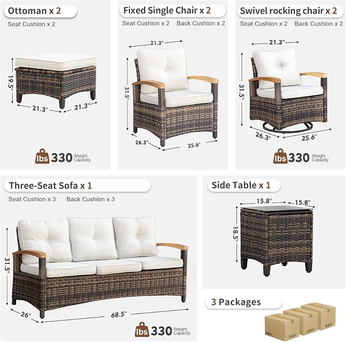 MEISSALIVVE 8 Pieces Outdoor Patio Furniture Sets, Wicker Patio Conversation Sets with 2 Wood Armrests Swivel Glide Chairs,2 Single Chairs, 3-seat Sofa (Beige)