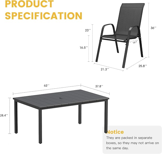 VICLLAX Patio Dining Set for 6, All Weather Metal 7 Pieces Patio Set-63 Rectangle Outdoor Table and Stackable Chairs for Lawn Garden and Backyard, Black Tabletop