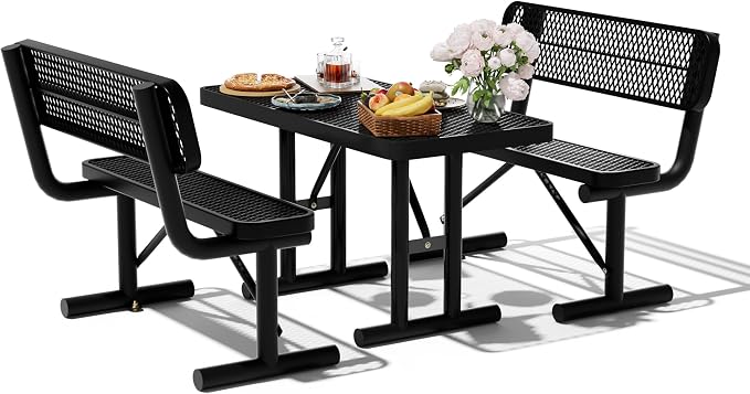 4FT Outdoor Metal Picnic Table with 2 Benches,Heavy Duty Rectangular Picnic Table Set for Outside, Waterproof Commercial Restaurant Table Furniture for Park, Campfield, Patio, Garden, Yard