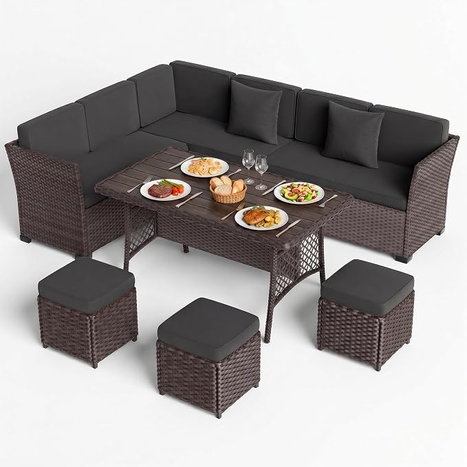 LOUVIXA 7 Pieces Patio Furniture Set, Outdoor Patio Furniture, Wicker Conversation Set with Dining Table, Chairs and Ottoman (6237 Grey-Brown)
