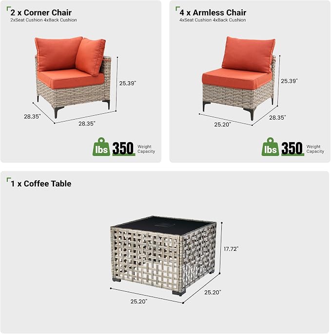7 Piece Outdoor Patio Furniture with Glowing Coffee Table, Rattan Wicker Conversation Set with Sofa, Sectional Single Chairs for Outside Porch Balcony Backyard Pool,Orange