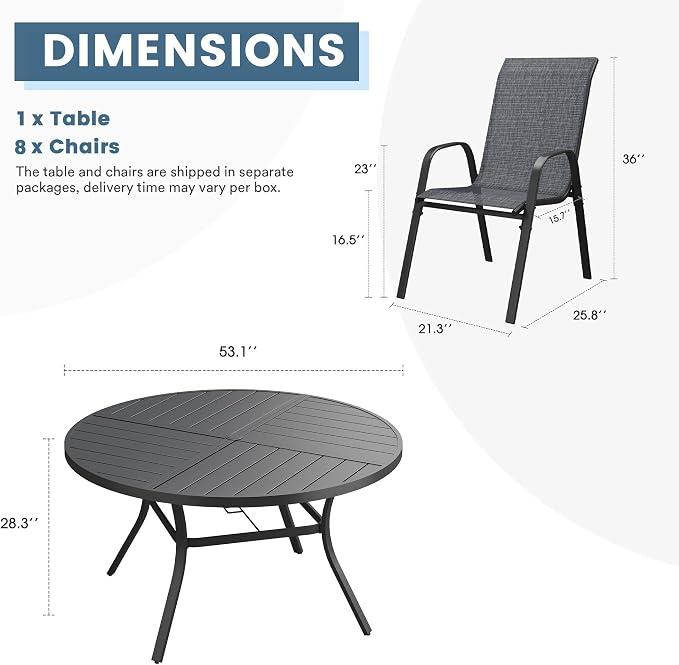 DIFY 9 Piece Outdoor Dining Set, 53" Black Round Metal Dining Table and Dark Grey Textilene Stackable Patio Chairs, Patio Table and Chairs Set for 8 with Umbrella Hole for Backyard Garden Deck