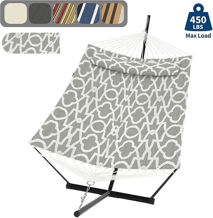 Double Hammock with Stand for 2 Persons,Outdoor Heavy Duty Hammock with Pillow & Balance Rope,450 Lbs Capacity Freestanding Hammock for Patio,Poolside Relaxation, Easy Assembly-Light Gray Pattern