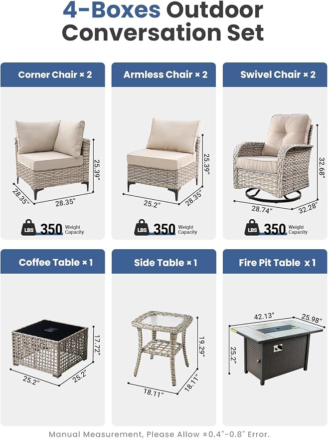 9-Piece Outdoor Patio Furniture Set with Fire Pit Table, Outdoor Conversation Wicker Sofa with Swivel Chairs, Rattan Couch with Coffee Table for Deck, Backyard, Poolside (Beige)