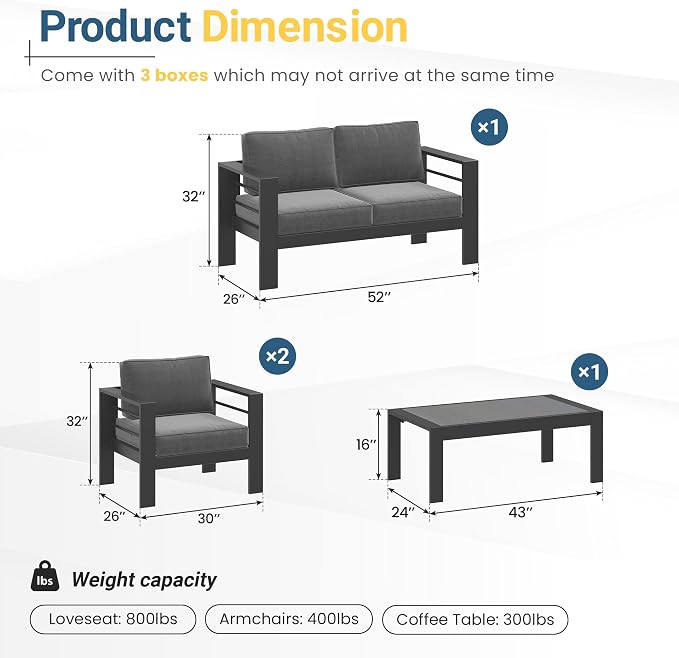 Solaste Aluminum Patio Furniture Set for All Weather, Oversized Metal Outdoor Furniture Set with 27.5" Deep Seating and 3.2" Wide Armrest, Outdoor Patio Conversation Sets with 10" Back Suport Cushion