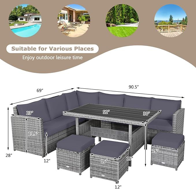 HAPPYGRILL 7 Pieces Rattan Wicker Patio Conversation Set, Outdoor Patio Furniture Set with Cushions, Rattan Sofa Set with Dining Table & Ottomans for Poolside Backyard Balcony Garden (Grey)