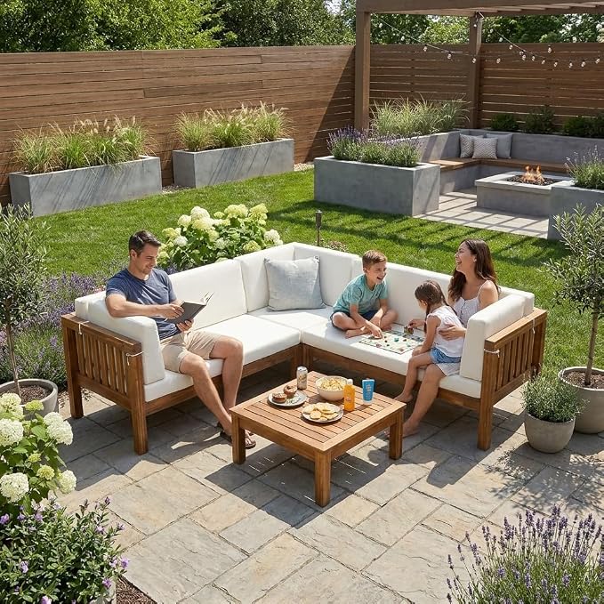Acacia Wood Outdoor Sectional Sofa Set, 4-Piece L-Shaped Patio Furniture with Cushions, Double-Length Benches, Corner Seat & Coffee Table, Weather-Resistant Indoor/Outdoor - Farmhouse Scandinavian