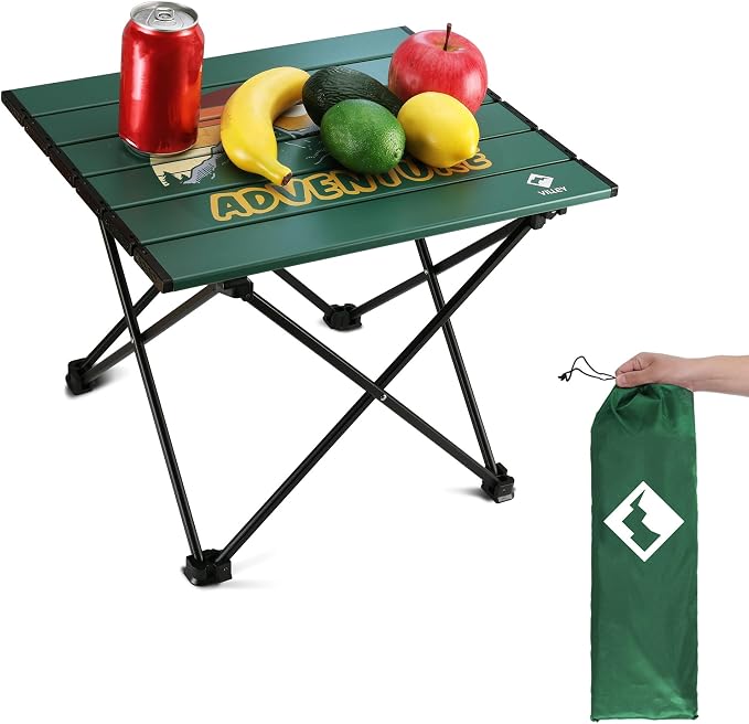 VILLEY Portable Camping Side Table, Ultralight Aluminum Folding Camp Table with Mountain Silhouette Print and Carry Bag, Compact Outdoor Picnic Table for Camping, Beach, Hiking, Travel, Medium