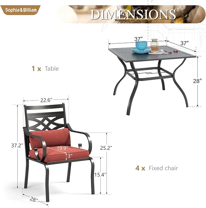 Sophia & William Patio Dining Set, Steel, Black | Umbrella Hole, E-Coated, Cushions Included, For Patio, Garden and Yard