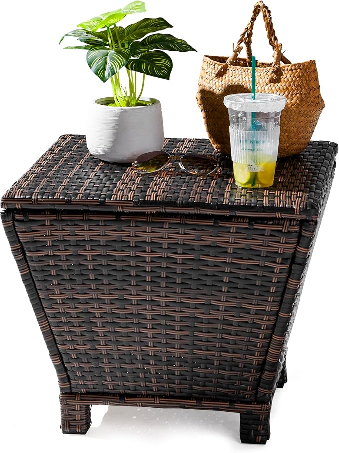 Outdoor PE Wicker Side Table with Storage, Small Patio Storage Bin Container for Hose Cushion Towel