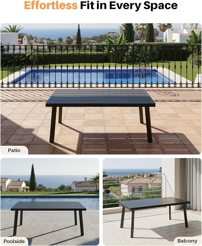 Patio Coffee Table, Never-Rust Aluminum Outdoor Coffee Table with Wood Grain Texture, Modern Rectangle Garden Coffee Table with Slatted Tabletop for Poolside, Decks, Indoor, Backyard, Black