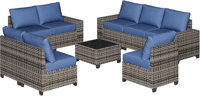 Aoxun Patio Furniture Set, 9 Pcs Outdoor Patio Furniture Sets with 4 in Thicken Cushion, Widen Armrests Wicker Outdoor Sectional for Backyard & Garden, Navy Blue