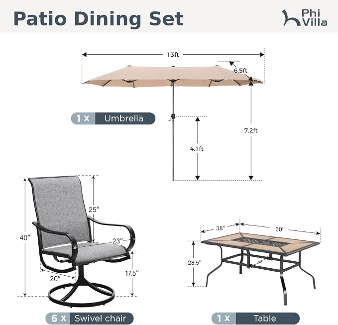 PHI VILLA 8 Pc Outdoor Dining Set with 13ft Umbrella, Swivel Mesh Chairs | 60'' wood-look rectangular table, 6 grey patio textilene chairs and 13ft beige umbrella(NO BASE) for deck, garden, backyard