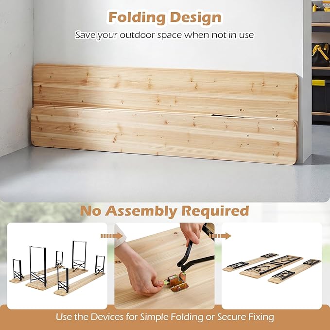 COSTWAY Folding Wood Picnic Table, Foldable Long Narrow Picnic Table with Benches Set for 4-6 People, Wooden Beer Table Metal Frame for Outdoor BBQ Party, Garden, Backyard