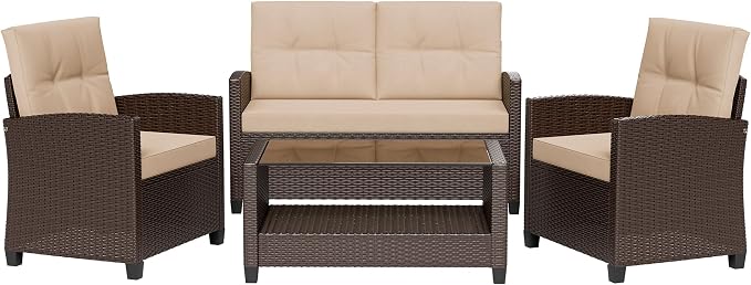 Shintenchi 4 Piece Patio Furniture Set, Outdoor Rattan Conversation Set with Coffee Table, Outside Wicker Sectional Sofa Couch with Cushion, Brown and Khaki