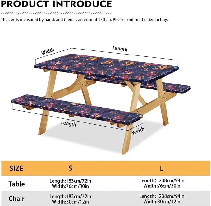 Halloween Picnic Table Cover with Bench Covers Washable Outdoor Camping Tablecloth Summer Abrasion Resistant Waterproof Picnic Table Cover 3 Piece Set