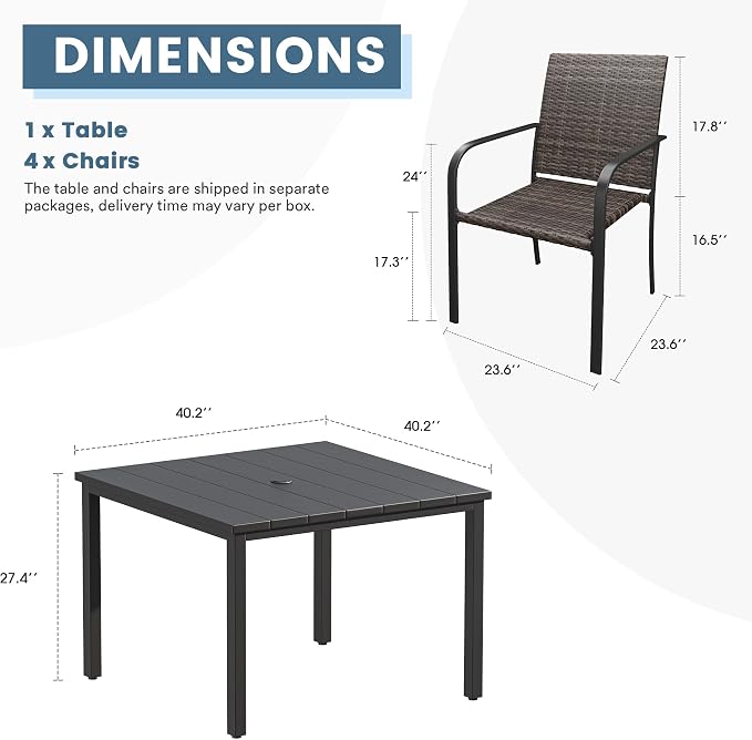 DIFY 5 Piece Outdoor Dining Set for 4, 40.2" Black Square Metal Dining Table with Umbrella Hole and Stackable Wicker Patio Chairs, All-Weather Patio Table and Chairs Set for Deck Garden Backyard