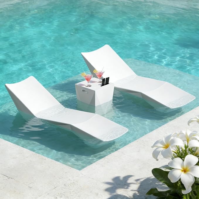 Modern Assemble-Free Outdoor Side Table, Pool Side Table for Inside Pool or on Patio, Lounger Table with 2 Cup Holders * 1 Tablet Holder, White