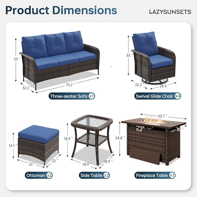 LazySunsets Luxury 12-Piece Patio Furniture Set with 44'' Fire Pit Table, 360° Swivel Chairs, Wicker Rattan Sofa & Thick Cushions, Outdoor Conversation Set for Backyard, Poolside, Brown/Navy Blue