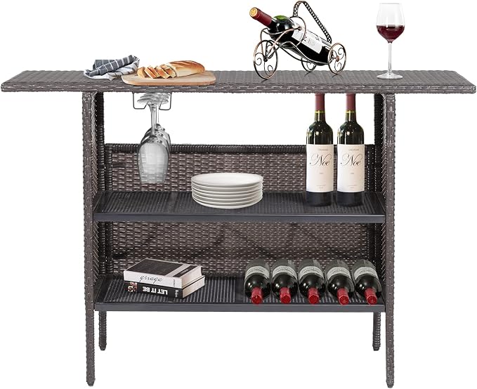 S AFSTAR Patio Rattan Bar Table, Outdoor Rattan Wicker Bar Counter Table with 2-Tier Metal Shelf & Steel Stemware Rack, Heavy-Duty Steel Frame, Waterproof Brown Rattan Table for Poolside, Backyard