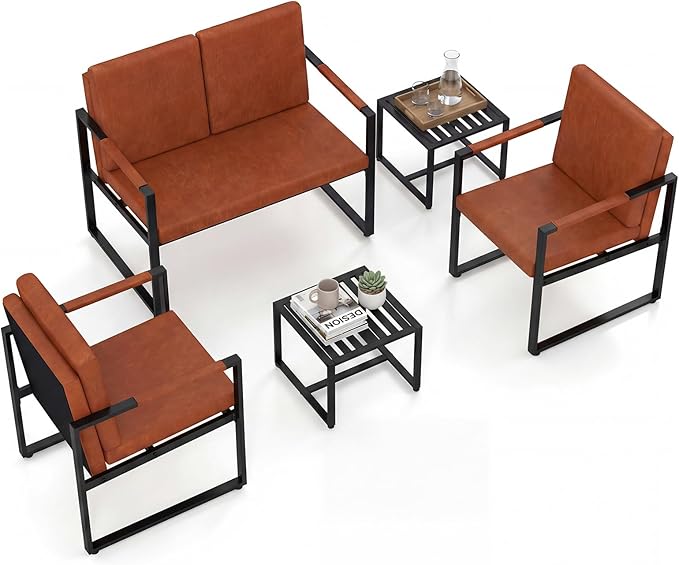 KOMFOTT Set of 2 Outdoor Side Tables, Square Sofa Side Tables w/Slatted Top, Metal Frame Indoor End Table for Small Spaces, Patio, Yard, Garden, Porch, Living Room (Black)